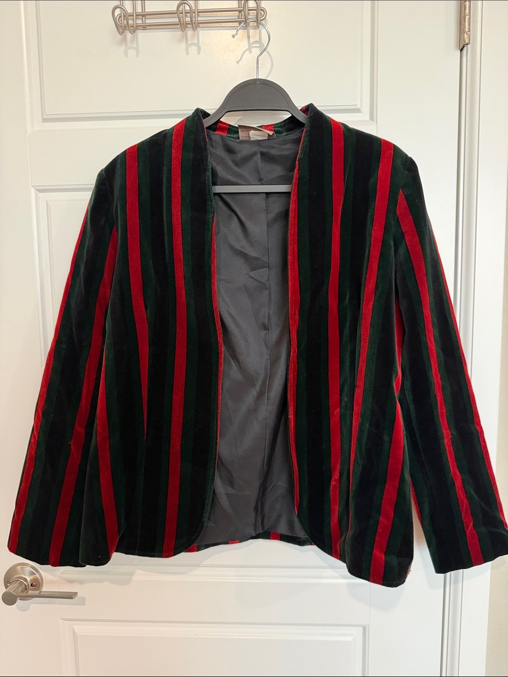 Striped Velvet Open-Front Blazer in Dark Green & Red